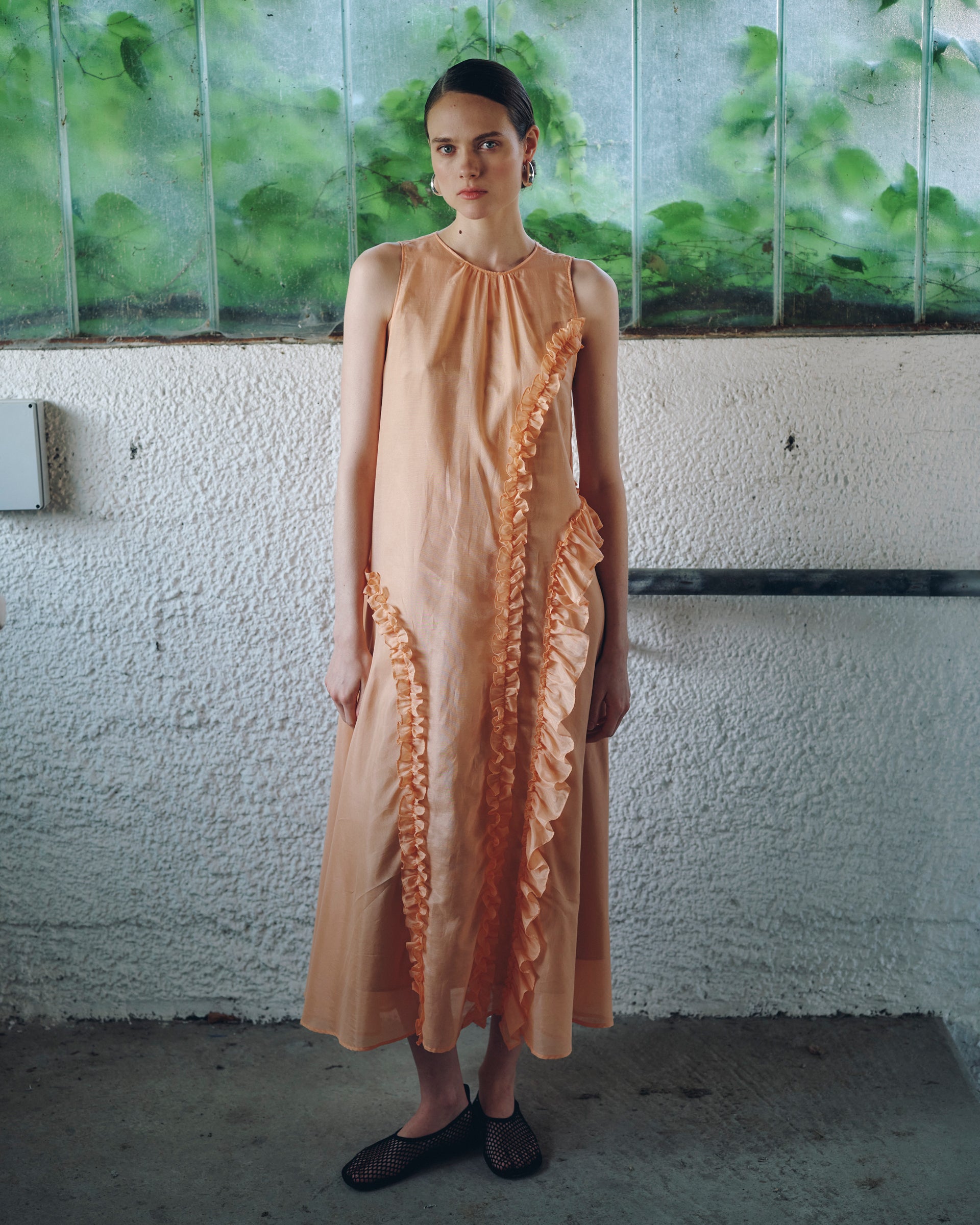 LONG DRESS WITH APPLIED RUFFLES