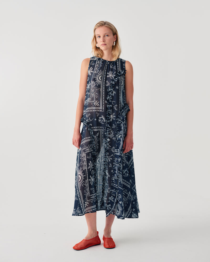 MIDI DRESS WITH PRINT AND SIDE RUFFLES