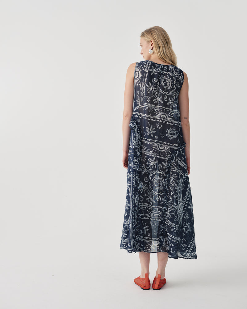 MIDI DRESS WITH PRINT AND SIDE RUFFLES
