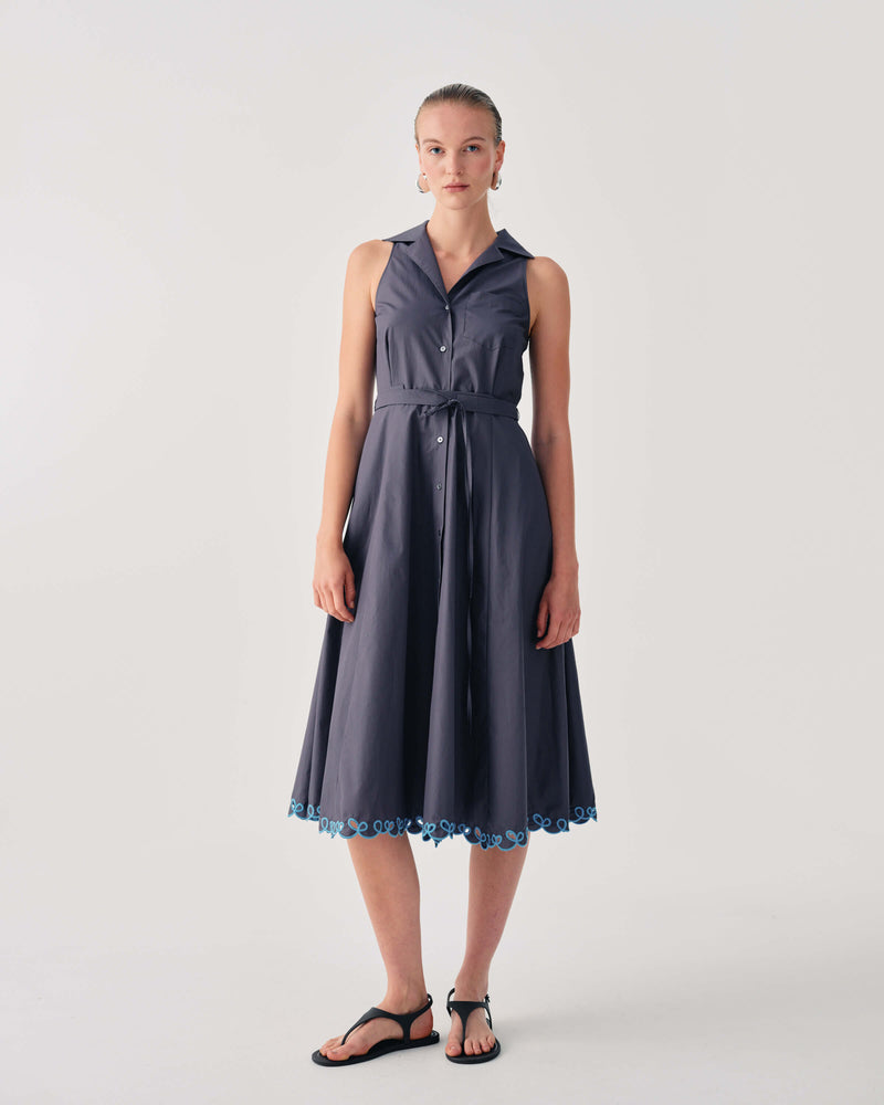 SLEEVELESS SHIRT DRESS WITH EMBROIDERED HEM