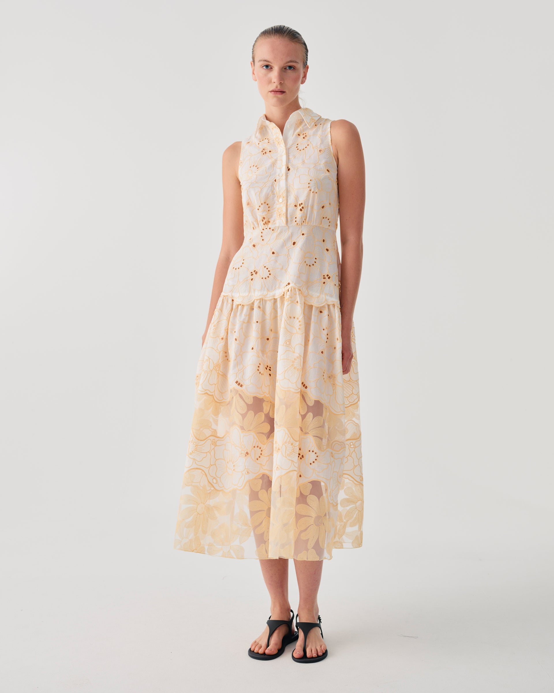 SLEEVELESS LONG DRESS WITH FLORAL EMBROIDERY