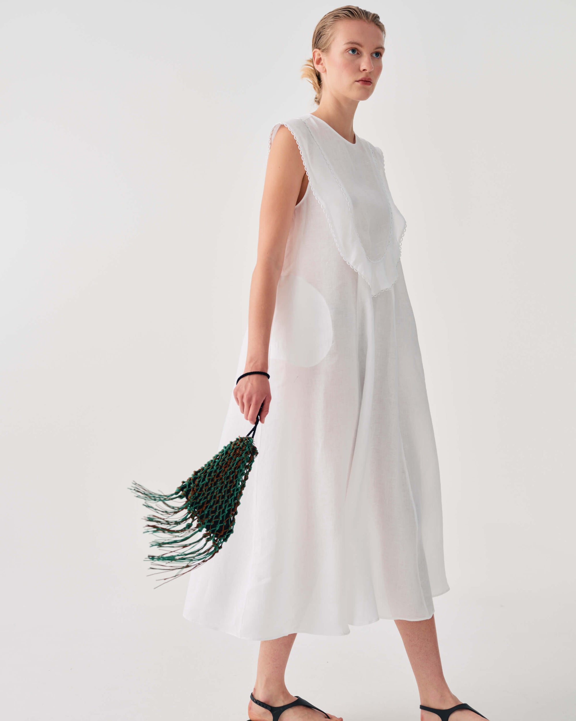 LONG LINEN DRESS WITH TRIM DETAIL