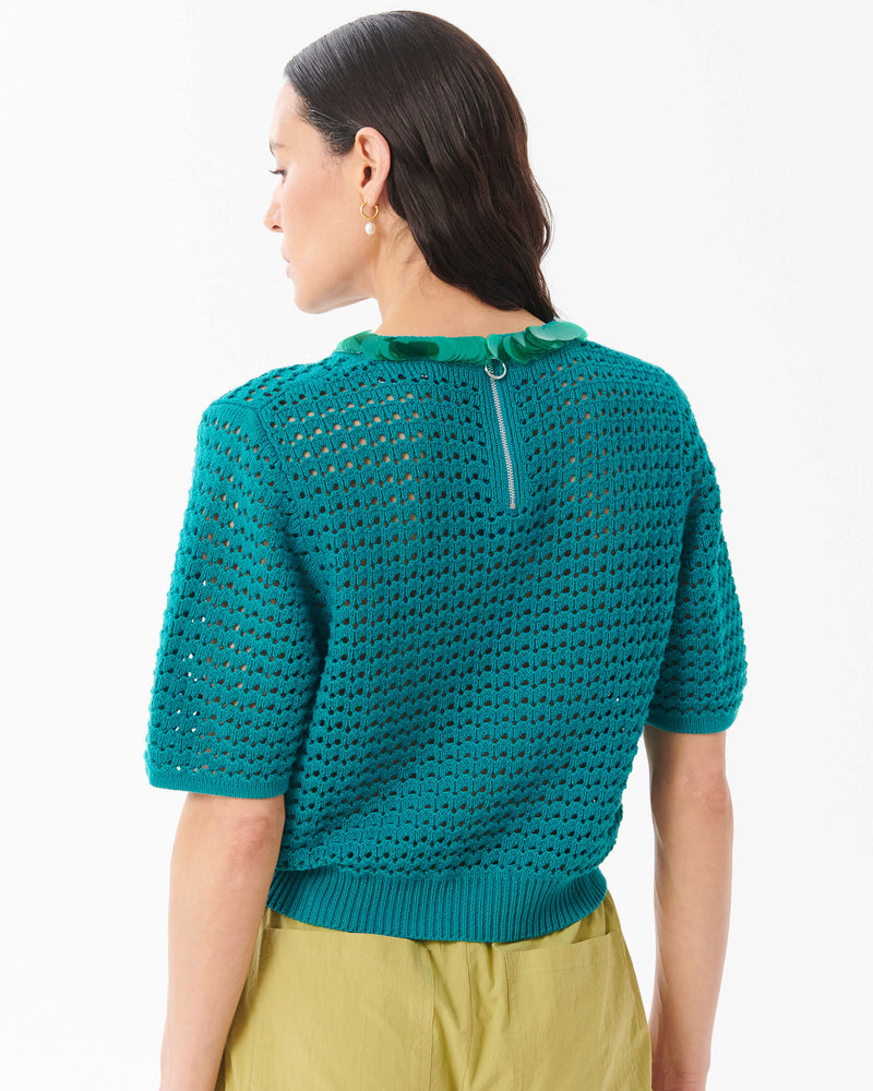 Perforated Knit T-Shirt with Macro Sequin Collar