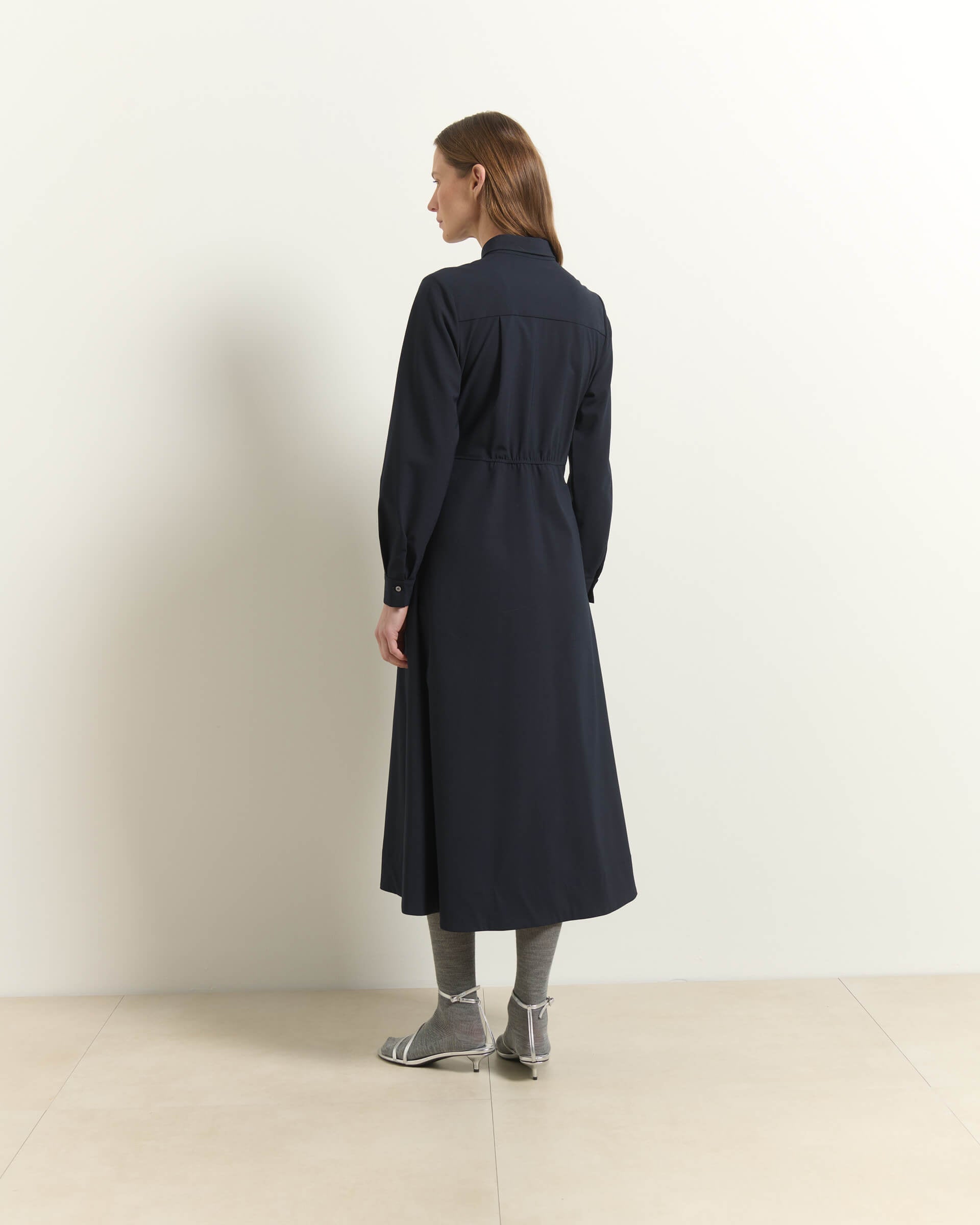 SHIRT DRESS WITH PLEATS AND BELTED WAIST