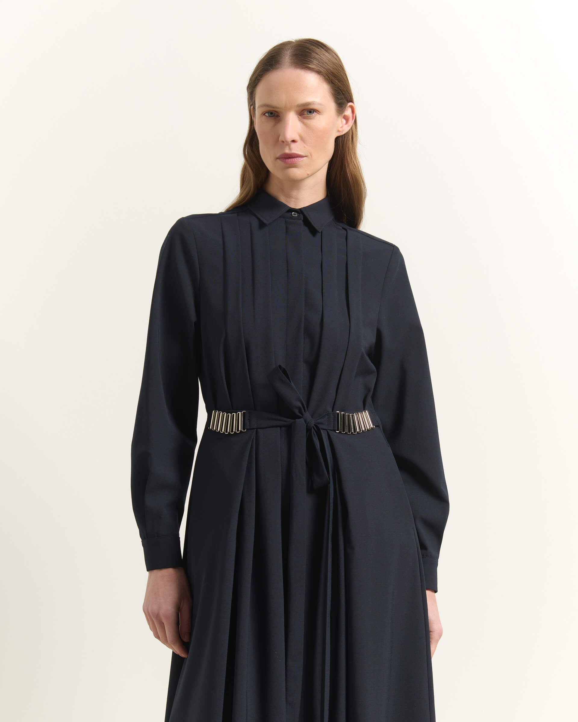 SHIRT DRESS WITH PLEATS AND BELTED WAIST