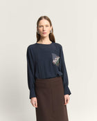 BLUSA BICOLORE CON TASCHINO RICAMATO SUL PETTO