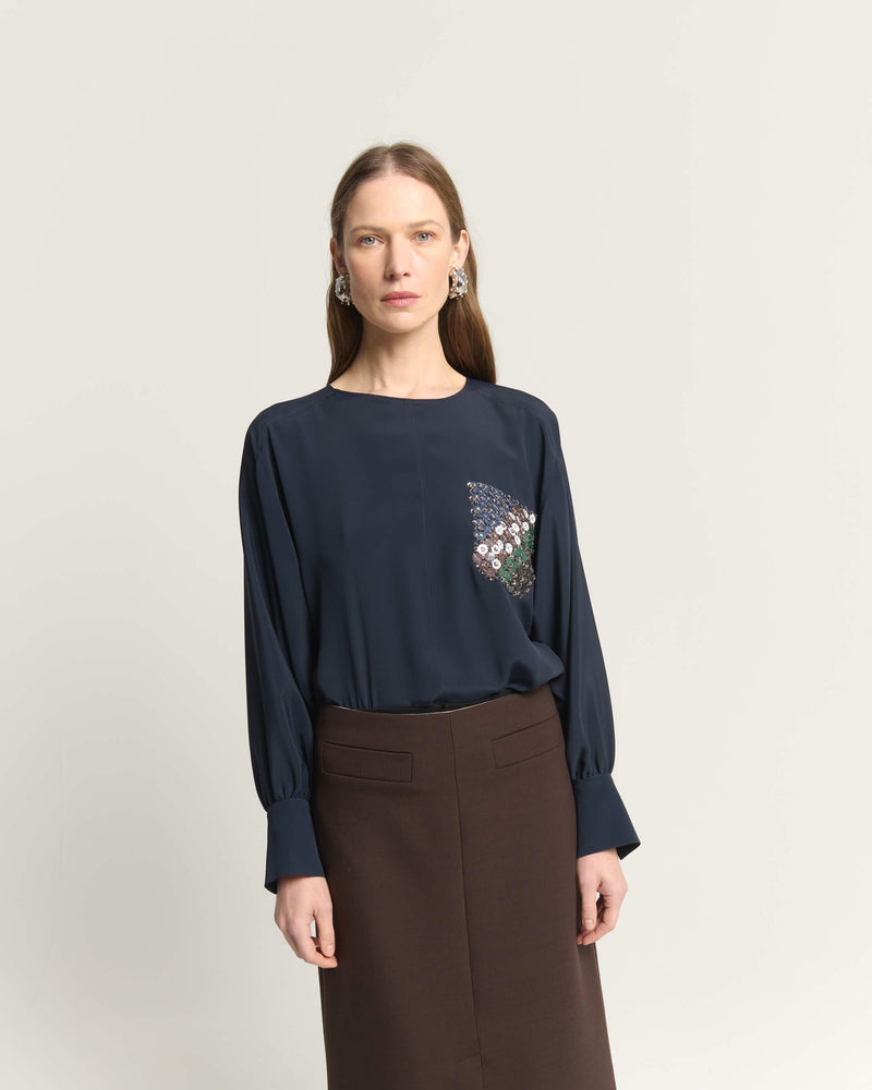 BLUSA BICOLORE CON TASCHINO RICAMATO SUL PETTO