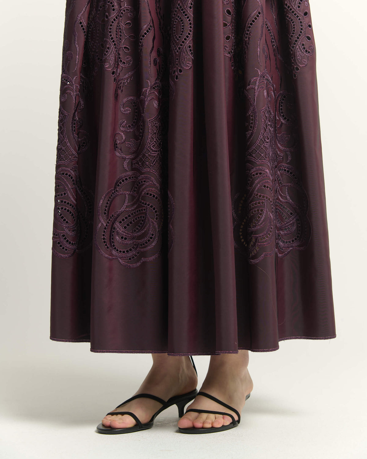 LONG TAFFETA SKIRT WITH LASER-CUT EMBROIDERY