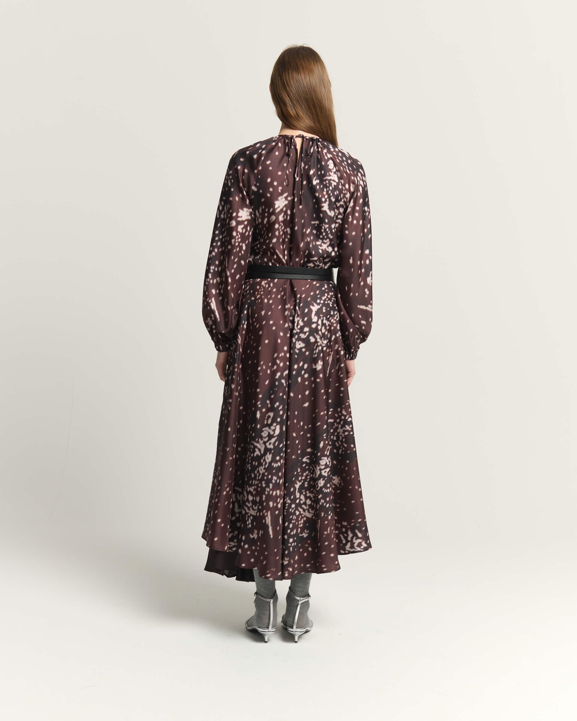 PRINTED SILK MIDI DRESS WITH PLEATS
