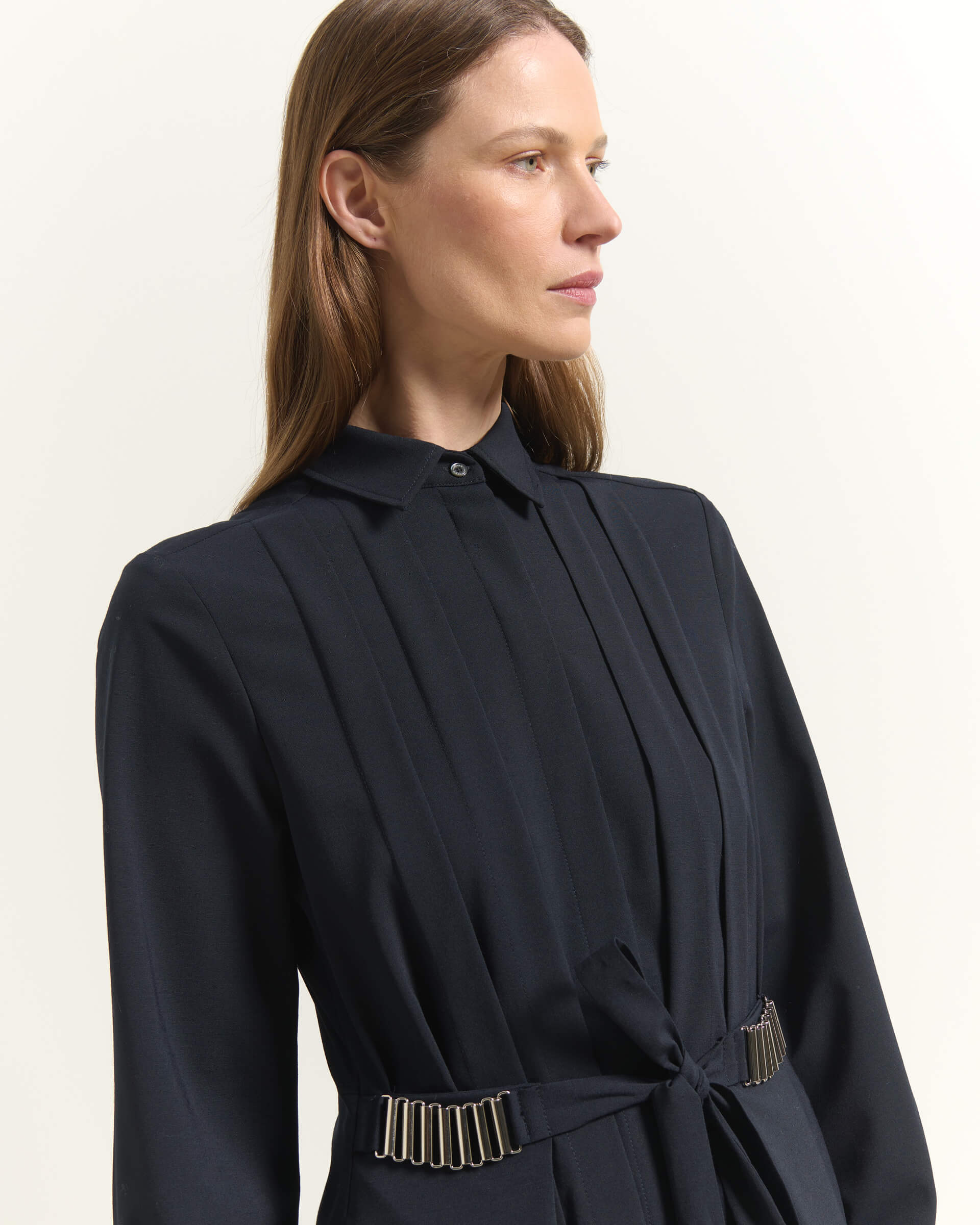 SHIRT DRESS WITH PLEATS AND BELTED WAIST