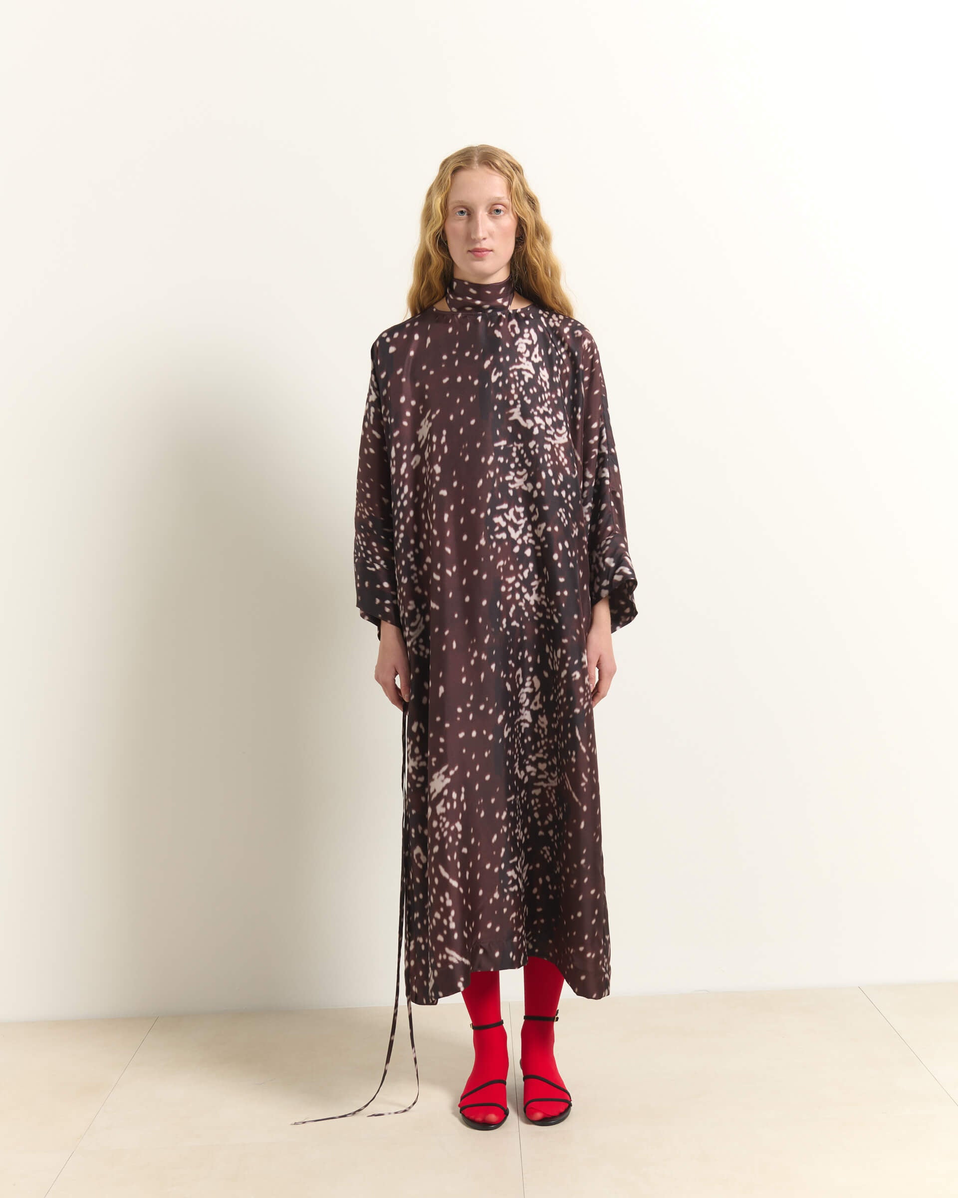 PRINTED SILK MIDI DRESS WITH BOW