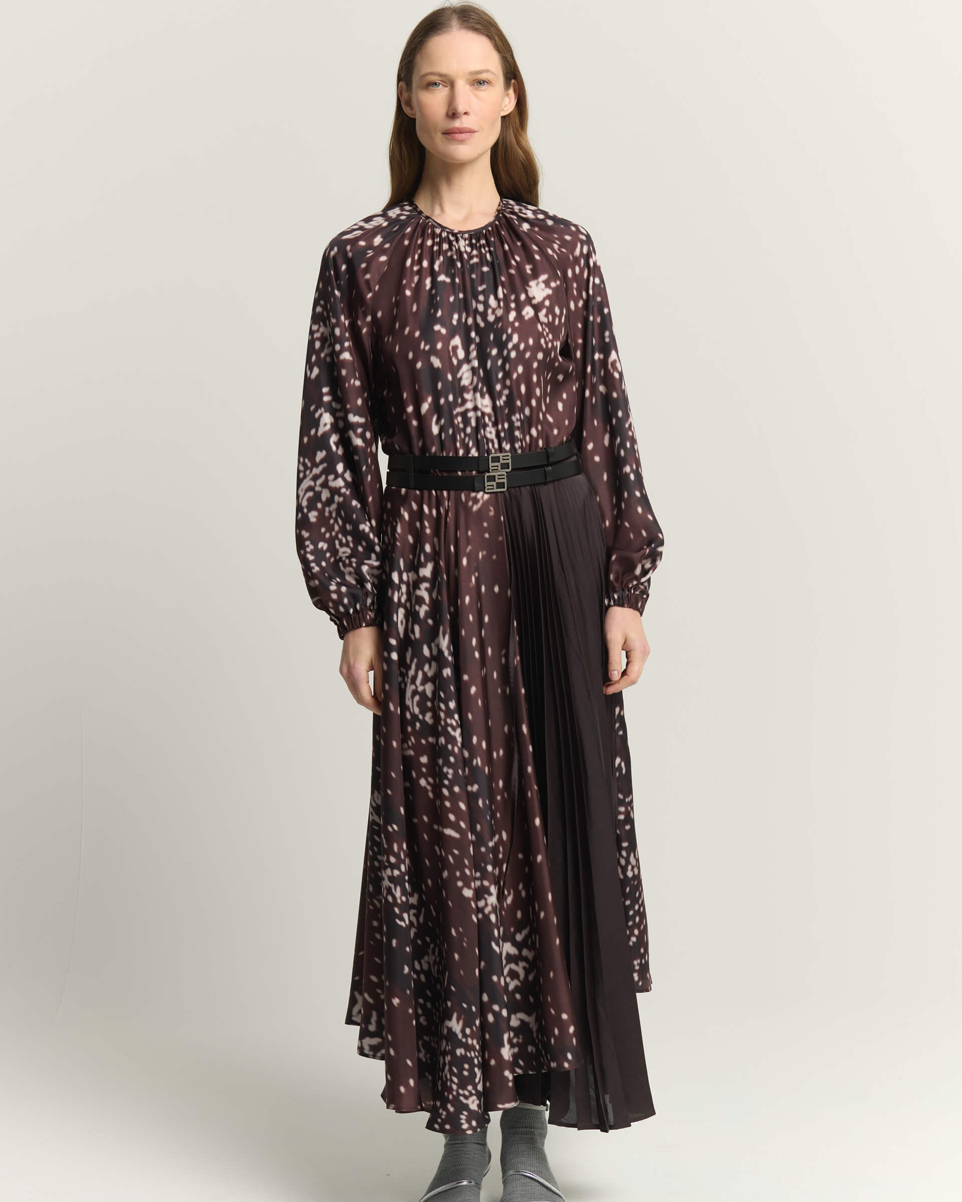 PRINTED SILK MIDI DRESS WITH PLEATS