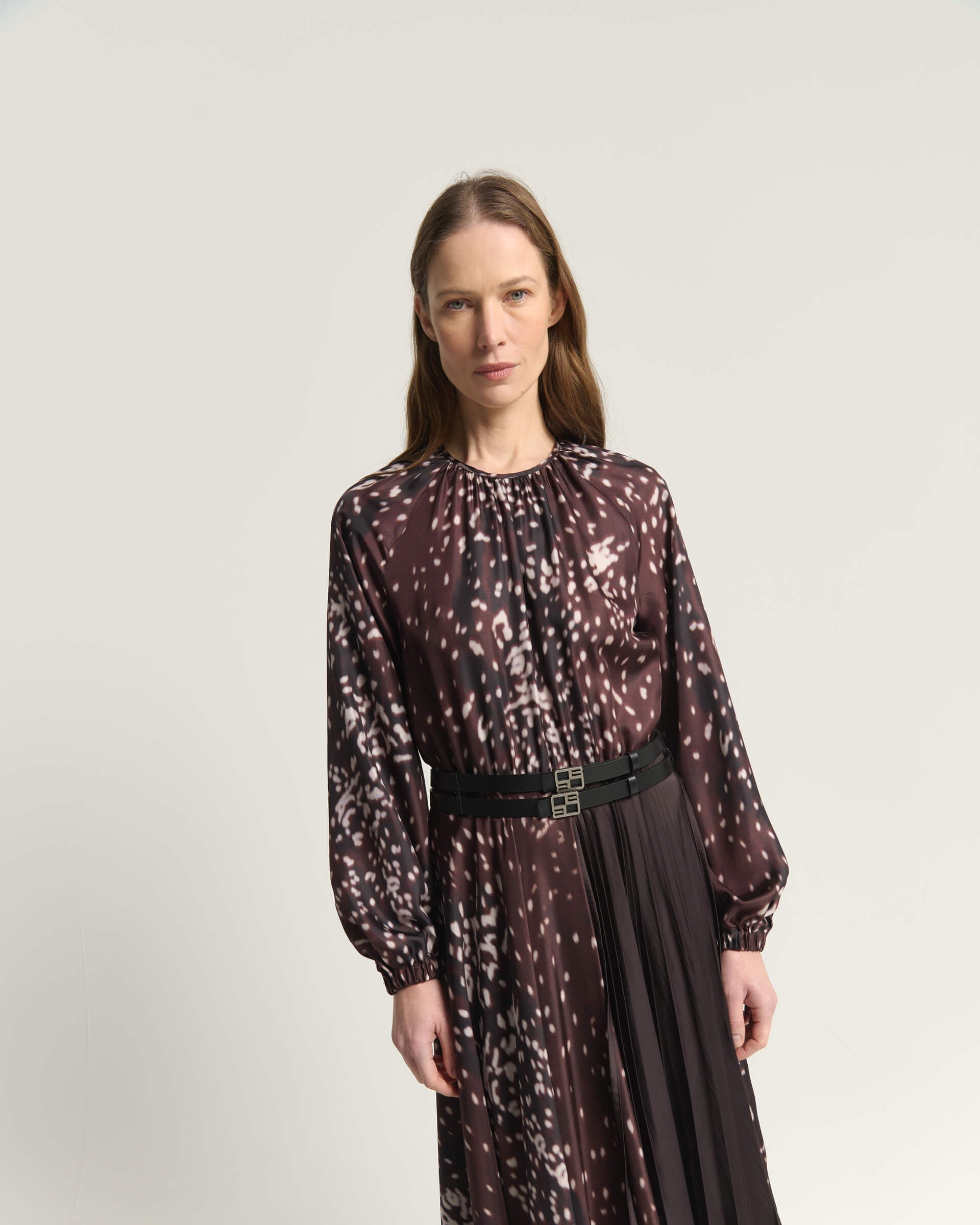 PRINTED SILK MIDI DRESS WITH PLEATS