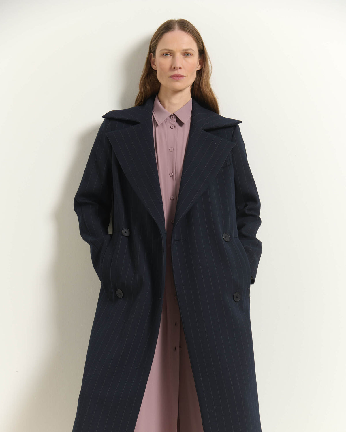 PINSTRIPE LONG DOUBLE-BREASTED COAT