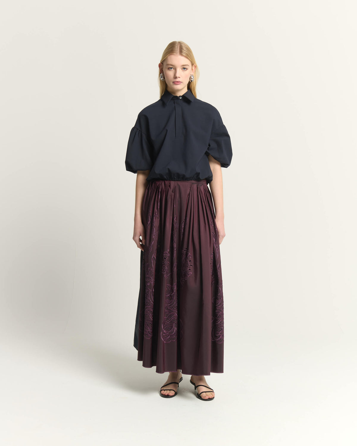 LONG TAFFETA SKIRT WITH LASER-CUT EMBROIDERY