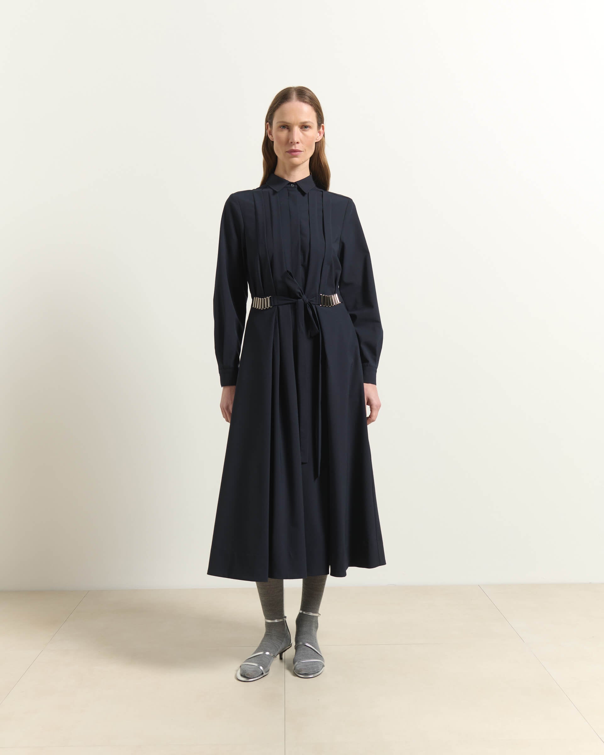 SHIRT DRESS WITH PLEATS AND BELTED WAIST