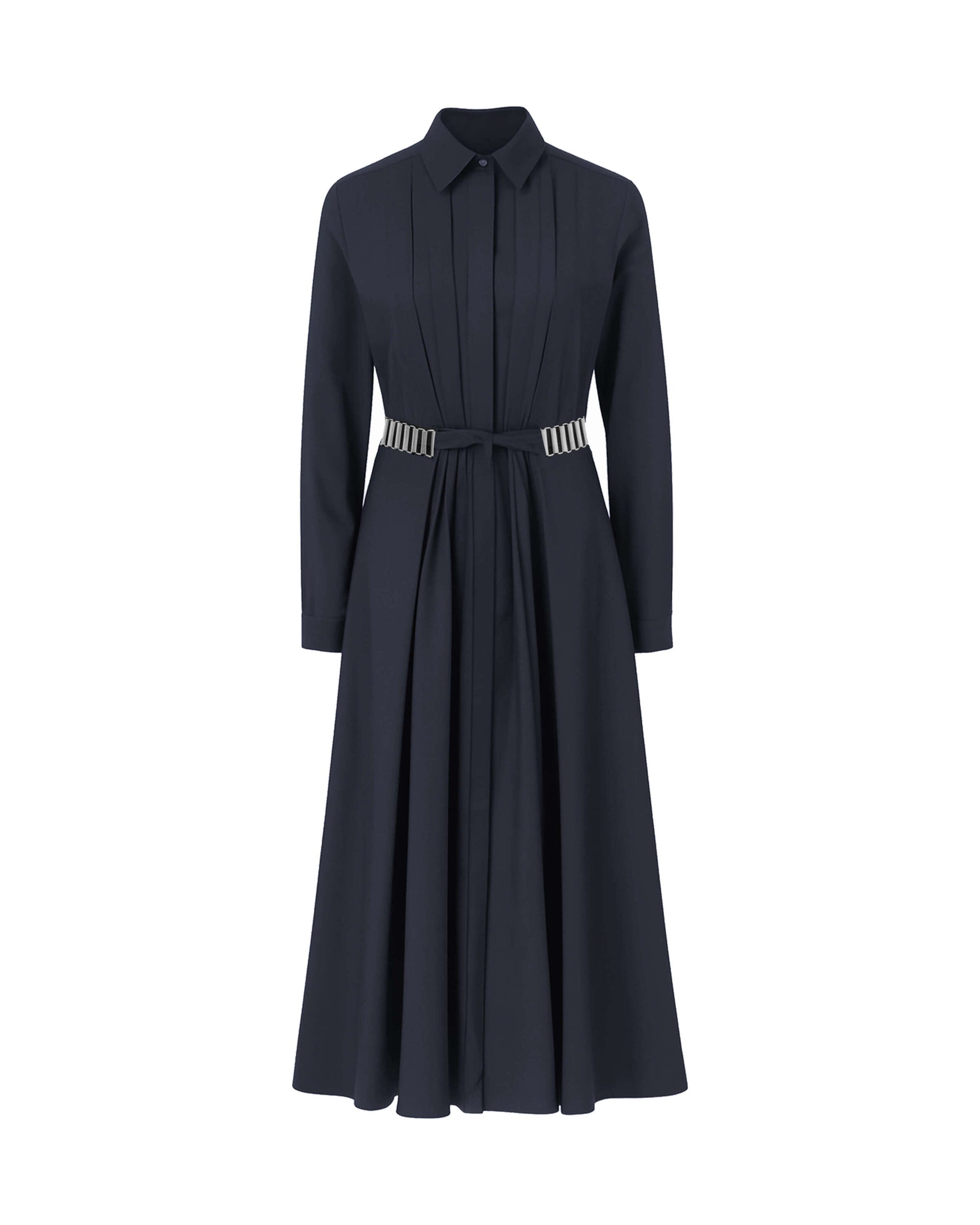 SHIRT DRESS WITH PLEATS AND BELTED WAIST