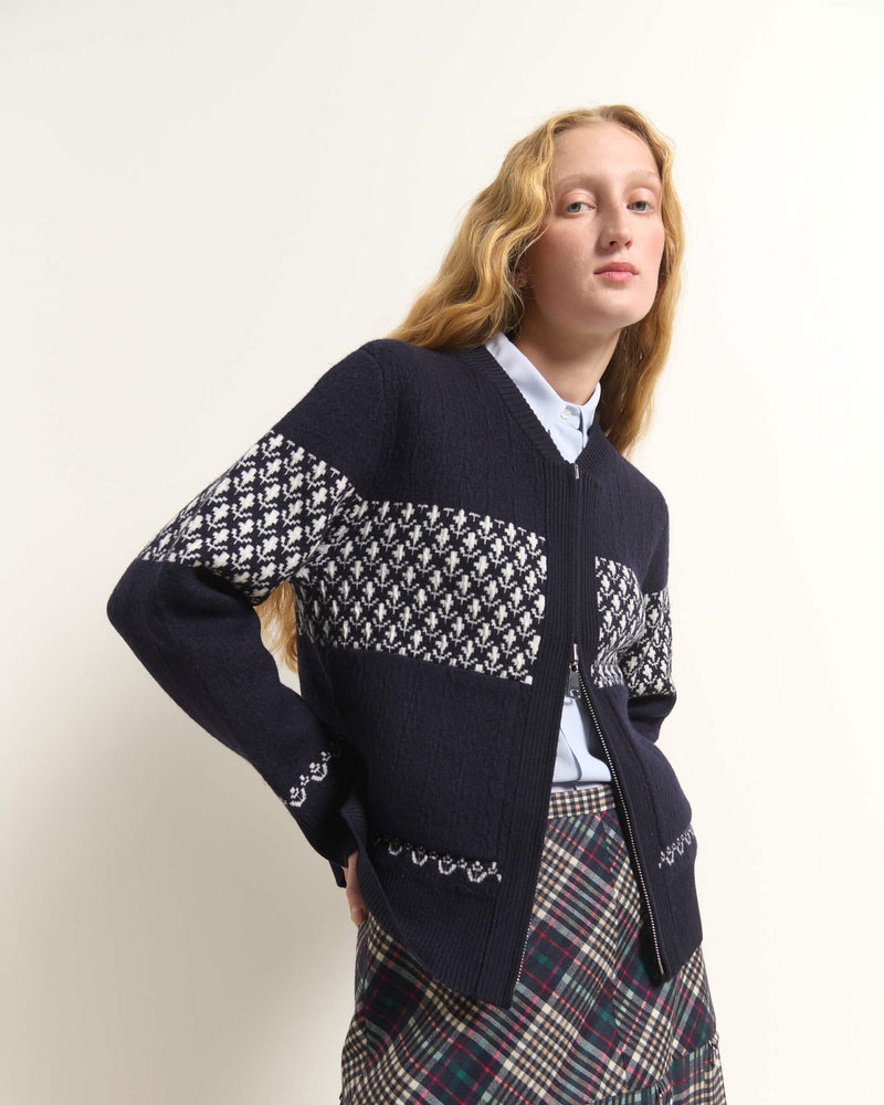 CARDIGAN IN LANA CON FANTASIA JACQUARD E ZIP FRONTALE