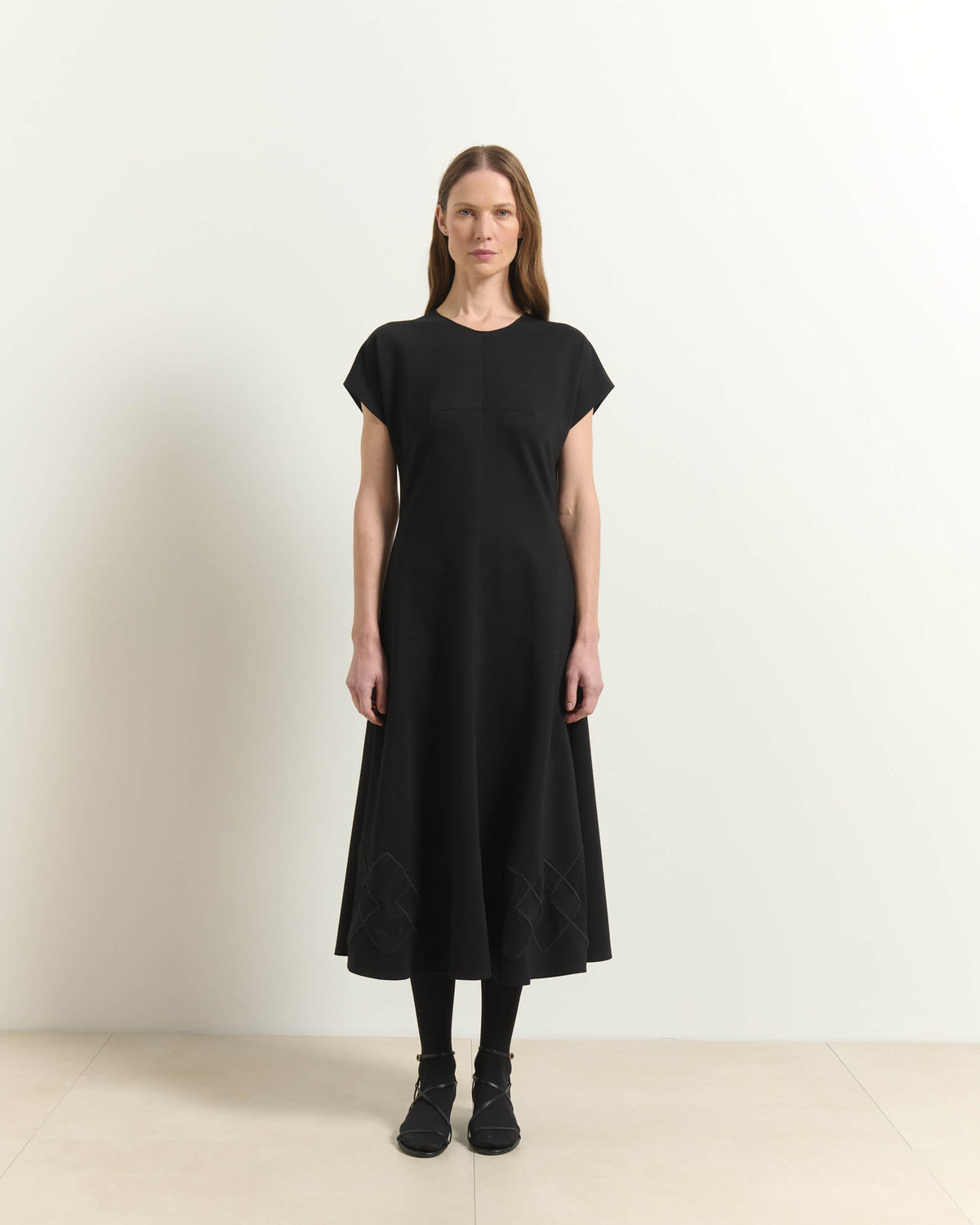 BLACK MIDI DRESS WITH MESH INSERTS