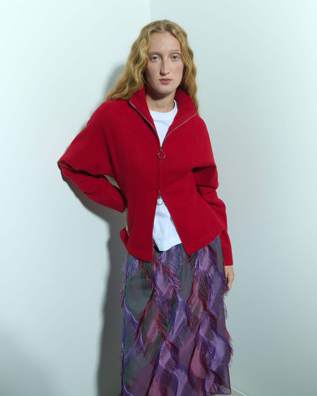 MIDI SKIRT WITH FRINGED TEXTURE