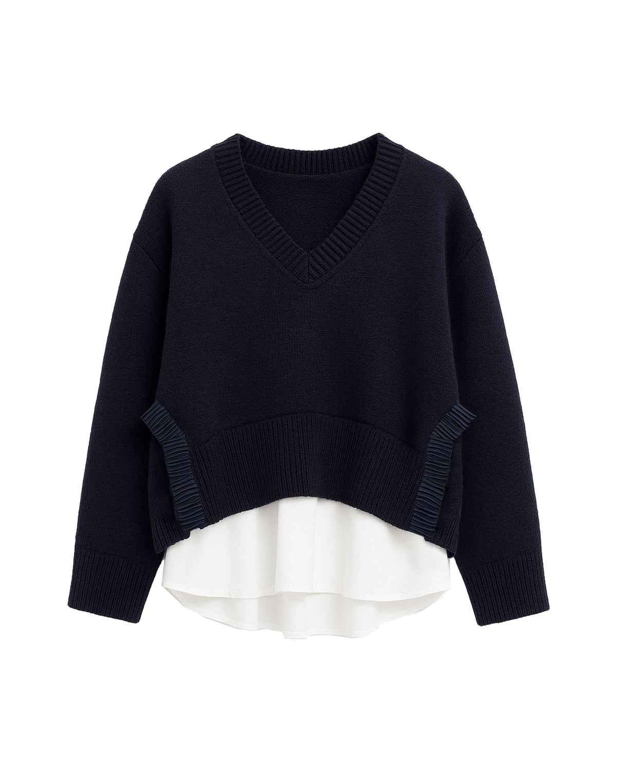 V-NECK SWEATER WITH RUFFLE DETAILS AND LAYERED HEM